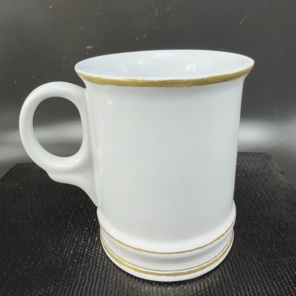 Williams Sonoma Brushed Gold Monogram Letter R Ceramic White Gold Coffee Mug Cup
